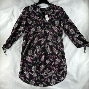 Roz & Ali black tunic shirt dress asymmetrical floral vines neutral sheer button